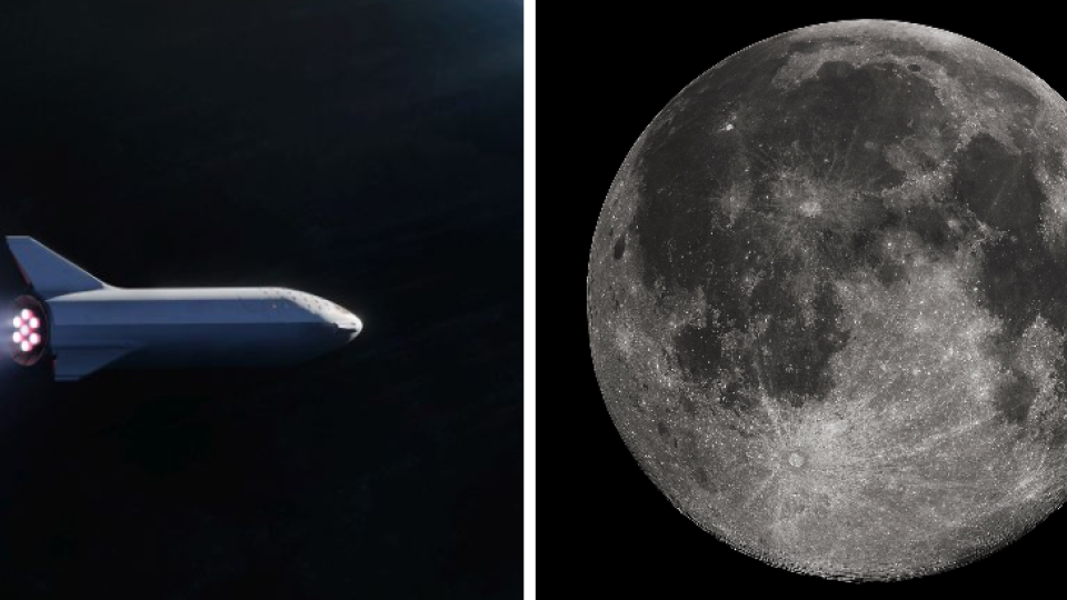 Vľavo umelecké vyobrazenie rakety SpaceX, vpravo Mesiac