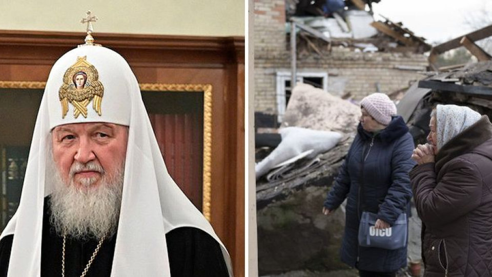 Vľavo patriarcha Kirill, vpravo miestne ženy stoja pred rodinnými domami, ktoré koncom decembra zničil ďalší ruský raketový útok v Kyjeve.