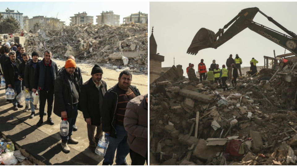Vľavo: Ľudia stoja v rade na vodu pri zničených budovách šesť dní po ničivom zemetrasení v meste Kahramanmaraš. Vpravo: Záchranári prehľadávajú trosky zničenej budovy.