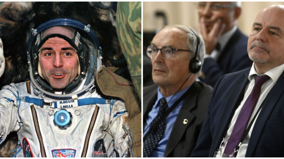 Vľavo: Prvý slovenský kozmonaut Ivan Bella, vpravo s Jean-Pierrom Haignerom
