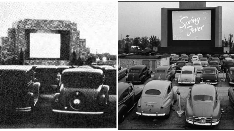 Vľavo: 1. autokino na svete, vpravo ilustračné foto
