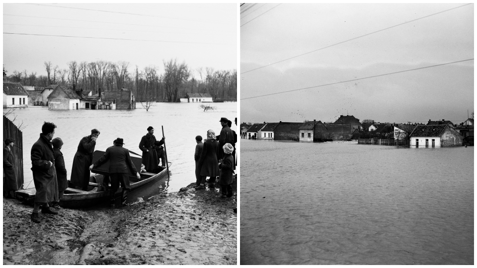Rozvodnený Dunaj v Bratislave 12.marca 1947. Na snímke záchranné práce v zaplavenej Petržalke.