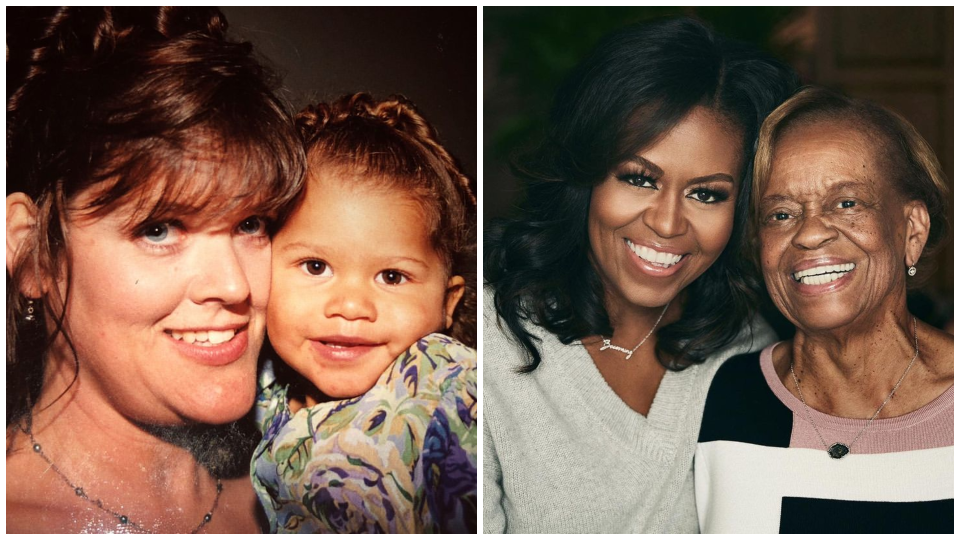 Americká herečka Zendaya so svojou mamou (vľavo) a bývalá prvá dáma USA Michelle Obama so svojou mamou (vpravo).