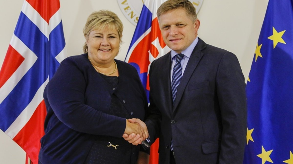 Premiérka Nórska Erna Solbergová a predseda vlády SR Robert Fico.