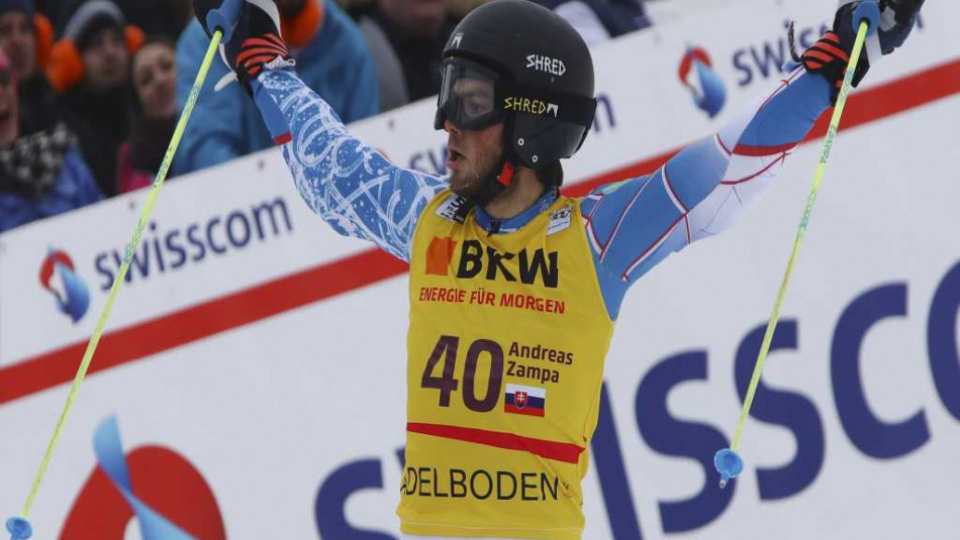 Slovenský lyžiar Andreas Žampa reaguje v cieli 2. kola obrovského slalomu Svetového pohára mužov vo švajčiarskom Adelbodene, 7. januára 2017.