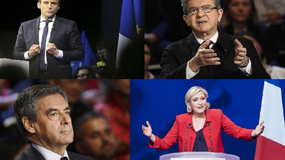 Na kombosnímke francúzski prezidentskí kandidáti. V hornom rade zľava Emmanuel Macron a Jean-Luc Mélenchon, v dolnom rade zľava Francois Fillon a Marine Le Penová.