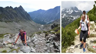 Na snímke vľavo turistka oddychuje na vrchu Volovec (2 063 metrov nad morom) v Roháčskej doline v Roháčskej doline v Západných Tatrách a vpravo turisti zostupujú po chodníku zo Sedla pod Ostrvou na Popradské pleso vo Vysokých Tatrách