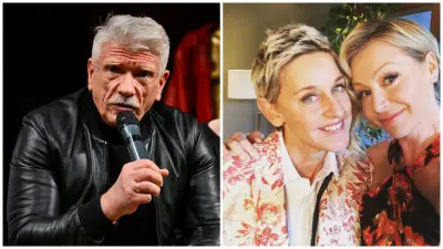 Herec Richard Stanke (vľavo) a moderátorka Ellen de Degeneres a Portia de Rossi (vpravo).