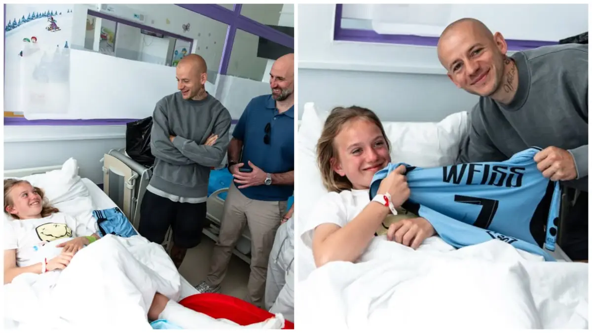 Zranená fanúšička Sofia a generálny riaditeľ Ivan Kmotrík mladší, šéf športového úseku Róbert Vittek a kapitán Vladimír Weiss mladší.