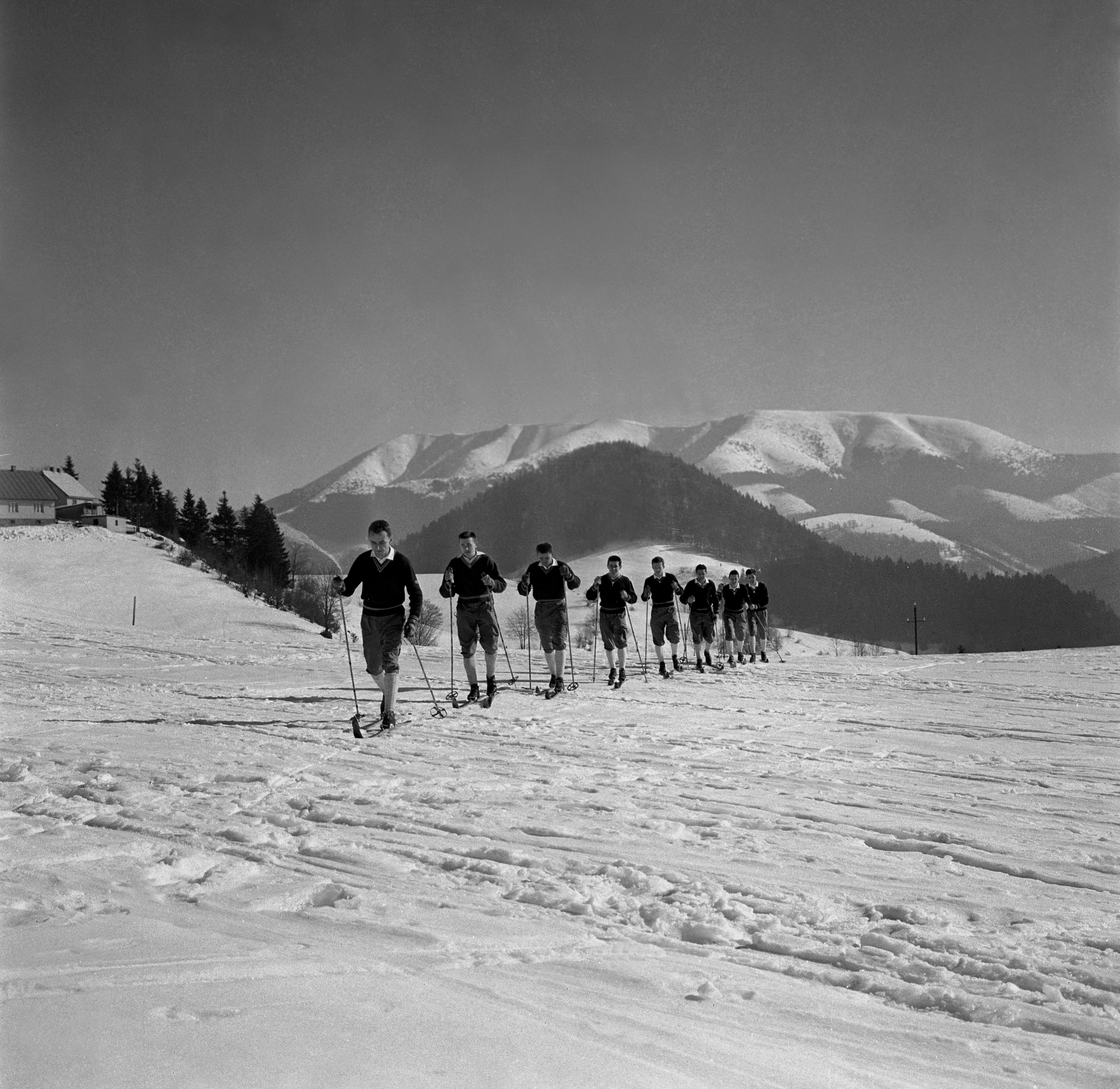 Na archívnej snímke z 9. marca 1960 bežkári v lyžiarskom stredisku Donovaly.